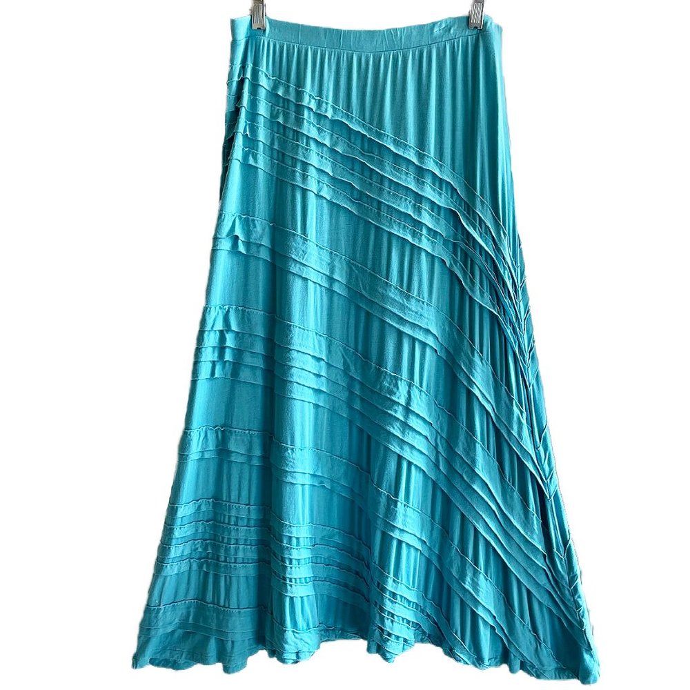 SOFT SURROUNDINGS Turquoise Knit Maxi Boho Skirt Tiered Ruffled PM